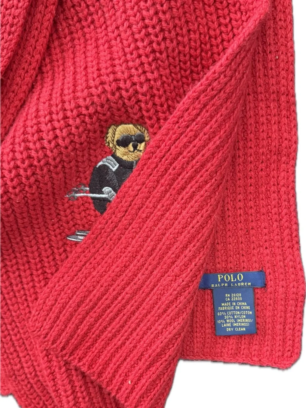 Polo by Ralph Lauren Kids Bright Red Knit Scarf with Ski Bear